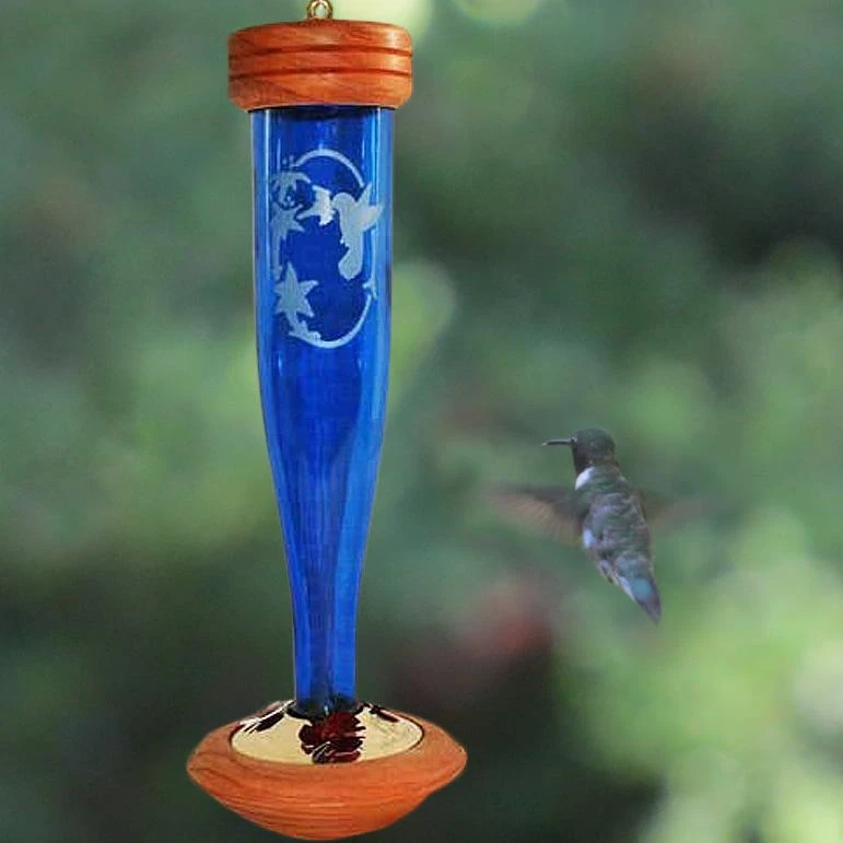 Crystal Etched Hummingbird Feeder- Clear Or Cobalt 3 Crystal Etched Hummingbird Feeder- Clear Or Cobalt